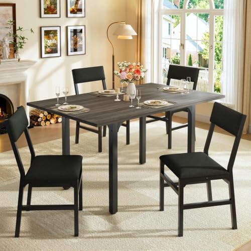 Image of HUAHUU 5-Piece Dining Table Set for 4, Extendable Kitchen Table Set with 4 Upholstered Cushion Chairs, Rectangle Table with Metal Frame & MDF Board, Folding Space-Saving for Small Apartment, Gray