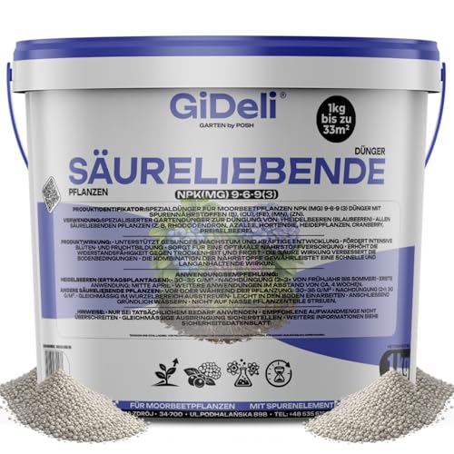 GiDeli Dünger Säureliebende Pflanzen 1 kg im Eimer - Langzeitdünger führt zu reichlicher Fruchtbildung - Heidelbeerdünger sorgt für einer üppigen Färbung der Pflanzen
