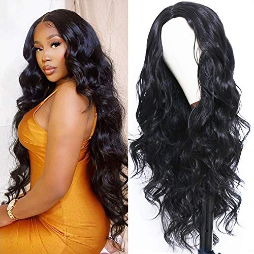 ANDRIA Natural Wavy Wig Loose Wave Wigs Black Hair Wig Synthetic Long loose Curly Wig Heat Resistant Fiber Middle Part Wig 24 Inches 1B Color Hair Wigs