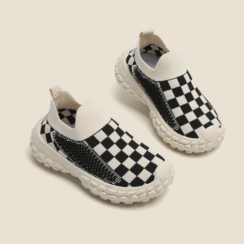 Kids Slip-On Knit Sneakers, Checkered Pattern, Black and White, Breathable Mesh3