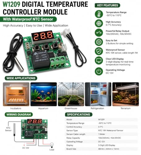Image of W1209 Digital Temperature Controller Module with NTC Waterproof Sensor | DC 12V Thermostat Switch Relay Control Board | LED Display for Incubator, Aquarium, Greenhouse, Cooling