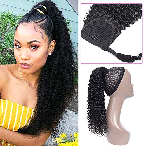 Curly Human Hair Strap Ponytail Extensions, 100% Unprocessed Brazilian Hair Wrap Around Ponytails, Magic Paste with Comb Clip in Kinky Curly Pony Tail (12", Curly Hair)