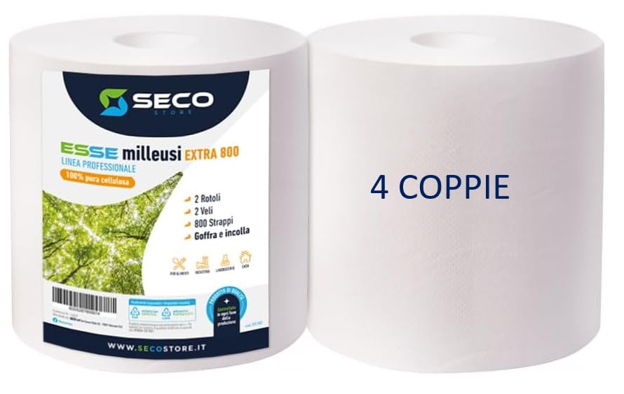 SECOSTORE - 8 Rotoli extra - carta asciugatutto Industriale 2 veli per uso alimentare - 1600 strappi