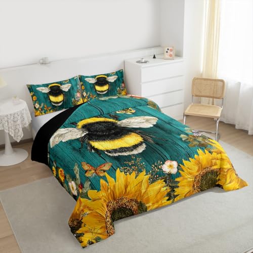 Image of Feelyou Sunflower Comforter Bee Floral Print Comforter Set for Kids Boys Girls Yellow Flowers Bedding Set Wooden Texture Duvet Set 1 Comforter Set with 2 Pillowcases King Size Boys
