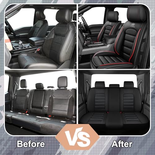 Image of Full Set Car Seat Covers for Ford F-150 F-250 F-350 XL XLT STX Lariat King Ranch Platinum Raptor Seat Covers 2007-2026, Waterproof Seat Protectors(Standard 5 Seats /Black&Red)