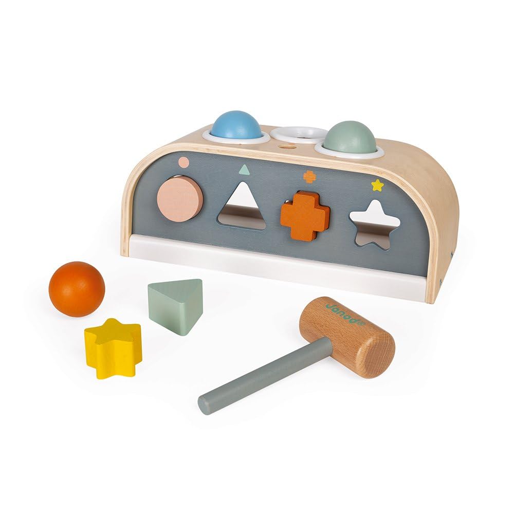 Janod - Tap Tap Sweet Cocoon - 3 In 1 Wooden Toy, Tap Tap, Embedding and Shape Box - Fsc Certified Early Learning Game - from 1 Year Old, J04409