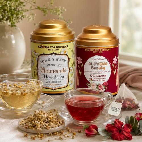 Image of Sancha Tea Boutique, Tea Combo Pack, Chamomile Flower (50g) & Glowing Beauty Teas (25 Pyramid Bags), Skin Glow & Calming Herbal Tisanes, Caffeine Free Teas
