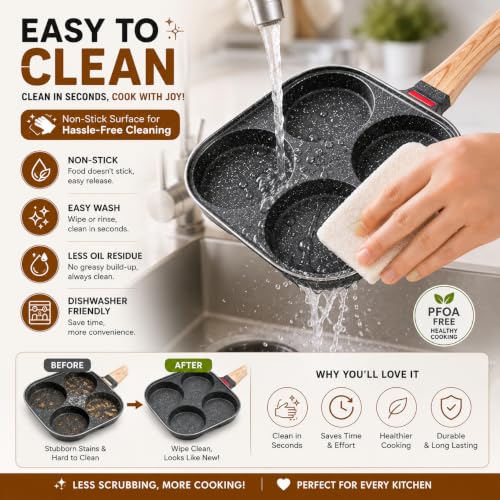 Image of Egg Frying Pan with Glass Lid, Non Stick 4 Hole Omelette Pan, Breakfast Fry Pan for Eggs, Pancakes, Mini Dosa, Burgers, Paniyaram, Induction & Gas Compatible, Wooden Handle, Granite Coating