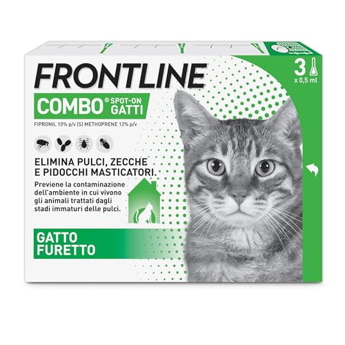 FRONTLINE Combo, 3 Pipette, Antiparassitario per Gatti, Gattini e Furetti di Lunga Durata, Protegge da Pulci, Zecche, Uova, Larve e Anche la Casa, Antipulci In Confezione da 3 Pipette da 0.5 ml