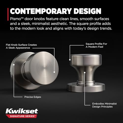 Image of Kwikset Pismo Interior Passage Door Knob, Handle for Closet and Hallway Doors, Non-Locking Doorknob in Satin Nickel, with Microban Protection (Pack of 4)