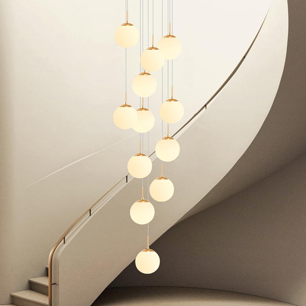 KXEcoLife 15 Light Foyer Long Chandeliers Entryway High Ceiling Mid Century Pendant with Frosted White Milk Glass Chrome Gold Staircase Hanging Chandelier for Living Room