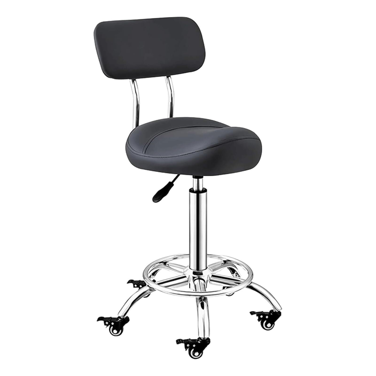 METTEOR Saddle Stool 50-70cm Adjustable Height Swivel Saddle Chair with Locking Wheel,footrest and Backrest Rolling Stool Salon Stool (Black)