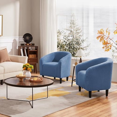 Image of Yaheetech Sherpa Accent Chairs, Compact Furry Barrel Chairs with a Curved Silhouette for Small Spaces, Living Room, Bedroom, Blue