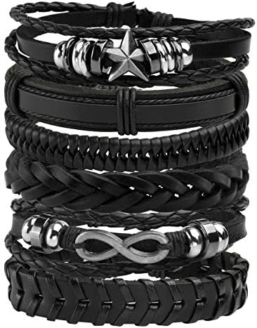 Manfnee 6PCS Braided Leather Bracelet Punk Biker Cuff Wrap Bracelets for Men Women Adjustable