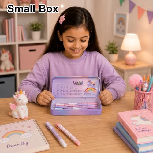 Image of WISHKEY Unicorn Pencil Box for Kids, Large Metal Pencil Case with Multiplication Table, Durable Tin Pencil Box for Girls, Cute Stationery Storage Box for School, Pen Pencil Organizer Purple
