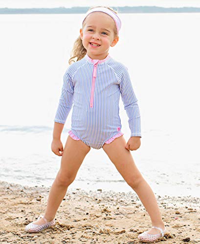 Rufflebutts® Girls Long Sleeve One Piece Swimsuit - Periwinkle Blue Seersucker With Upf 50+ Sun Protection - 2T #TOP3