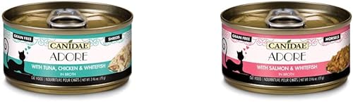 CANIDAE Adore Paquete de comida húmeda prémium para gatos, 2.46 onzas (paquete de 48), trozos con atún, pollo y pescado blanco en caldo, bocados con