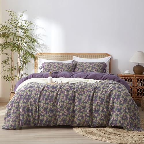 Image of VM VOUGEMARKET Violet Duvet Cover King Double Gauze Cotton Farmhouse Jacquard Green Floral Duvet Cover with 2 Bowknot Pillowcases Rustic Style, Breathable for a Cozy Home Atmosphere