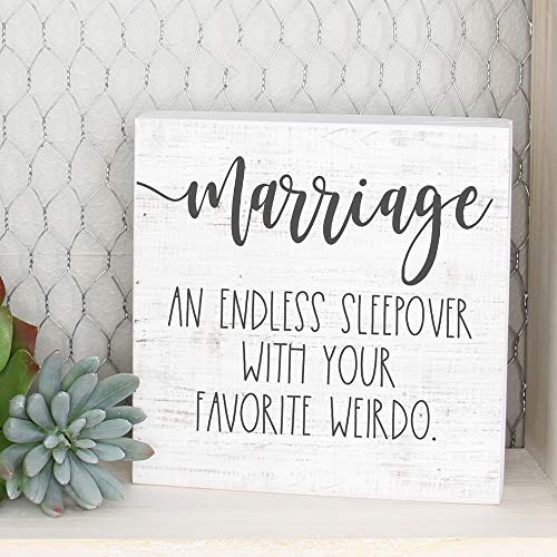 Simply Said Small Talk Square – “Marriage – An Endless Sleepover With Your Favorite Weirdo” – Decorative And Funny Comment On Being Married - Real Wood Sign – Hand Crafted In Usa #TOP1