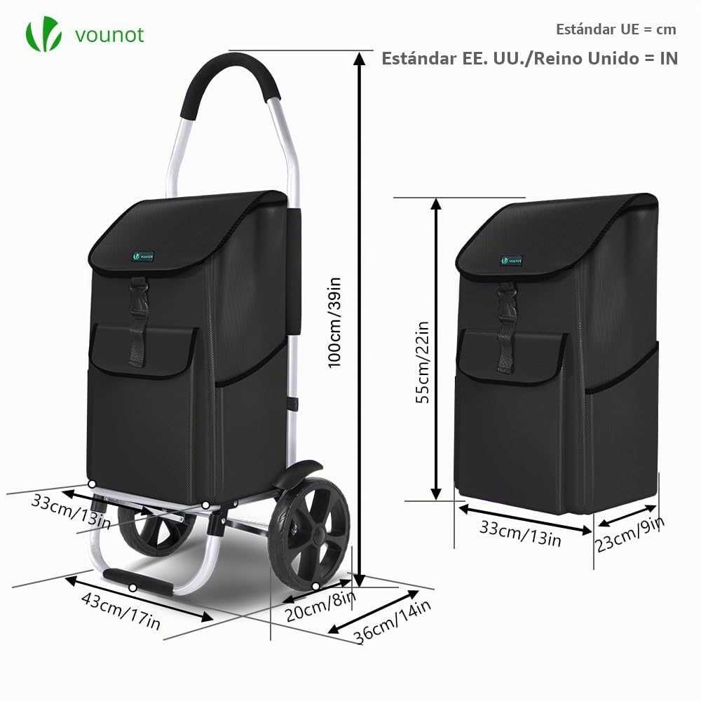 VOUNOT Carrito Compra Plegable de Aluminio 2 Ruedas, Carro de la Compra 2 en 1 con Bolsa Oxford Impermeable y Desmontable, Carrito de Compras Rodante con Guardabarros, 58L, Negro