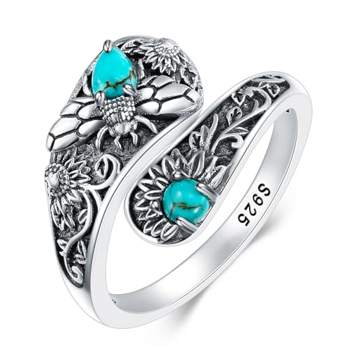 Bee Spoon Rings with Genuine Turquoise, Sterling Silver Vintage Boho Sunflower Thumb Rings Native American Antique Floral Jewelry Gifts for Women, Adjustable Size Fit for 6 7 8 by DOLIOX - Used condition - US$85.02