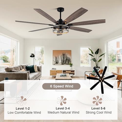 Image of 72 Inch Farmhouse Ceiling Fan with Lights Large Rustic Ceiling Fan Wood Caged Fandelier Chandelier Light for Indoor Outdoor, 7 Dual Blades 3 E26 Bulbs, Reversible Quiet DC Motor 6 Speeds