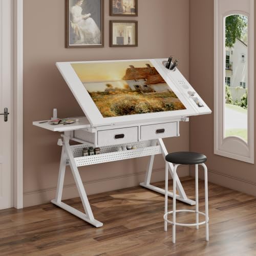 Adjustable Height Drafting Table and Stool Set for Artists, Artist Drawing Desk with Adjustable Tilting Tabletop, 2 Drawers, Multiple Pen Holders, Art Craft Work Station for Home Office, All White
