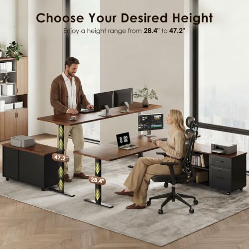 Image of OffiGo 71 inch L Shaped Electric Standing Desk with Cabinet Sets, Walnut /Black