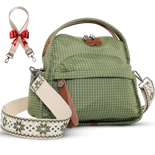 Nylon Crossbody Bags for Women Water-Resistant Lightweight Shoulder bag with Large Capacity & Organized Design Top Handle Bag with 2 Interchangeable Adjustable Shoulder Straps (Plaid Green)