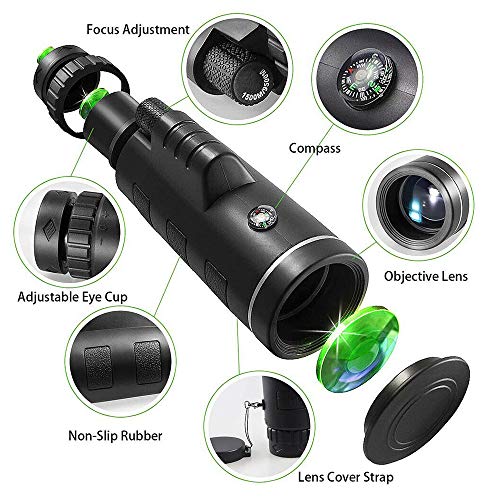 Yorten 40X60 Zoom Lens Optical Monocular Telescope Compass + Tripé + Clip Universal para telefone