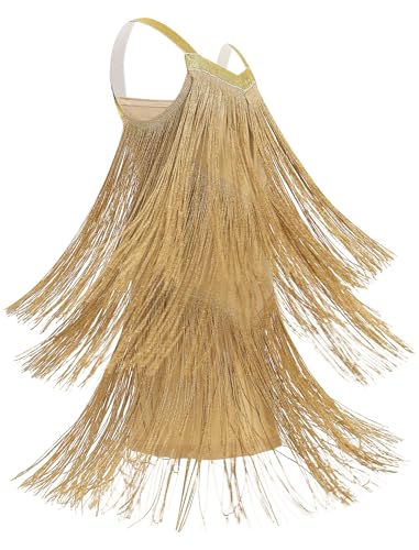 FYMNSI Kids Girls Flapper Dress Sparkly Sleeveless Sequins Tassel Fringe Twirly Dress Wide Straps Backless 1920s Disco Party Jazze Latin Dance Outfits Salsa Dancewear Halloween Costume Gold 10-11T