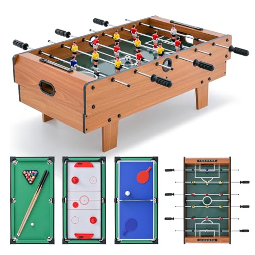 HOMASIS 4 en 1 Table de Jeu en Bois, pour Enfants et Adultes,Table de Baby-Foot avec Plateaux Empilables de Billard, Air Hockey, Baby-Foot, Tennis de Table...