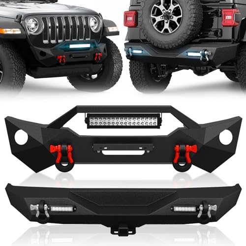 YZONA for JL Front & Rear Bumpers Compatible with 2018-2026 Jeep Wrangler JL JLU Unlimited (2/4 Doors) with Winch Plate License Plate Bracket 2 Hitch Receiver LED Lights Fog Light Holes & D-rings