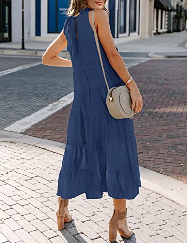 Image of HAEOF Women's Summer Sleeveless Halter Midi Maxi Dress Casual Loose Fit Pleated Tiered Flowy Beach Vacation Long Sundress