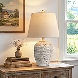 PARTPHONER Rustic Farmhouse Ceramic Table Lamp for Living Room Bedroom, Modern Bedside Lamp with Linen Shade, Natural Distressed Earth Tone Finish Table Lamp for Night Stands, Dining, Office, Grey