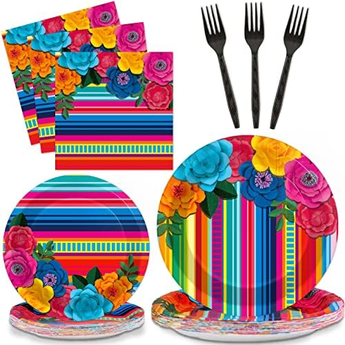 96 Pcs Mexican Fiesta Plates and Napkins Party Supplies Fifth of May Tableware Mexican Theme Birthday Party Decorations Fiesta Floral Stripes Paper Dinnerware for Taco Weddings Baby Shower Serves 24