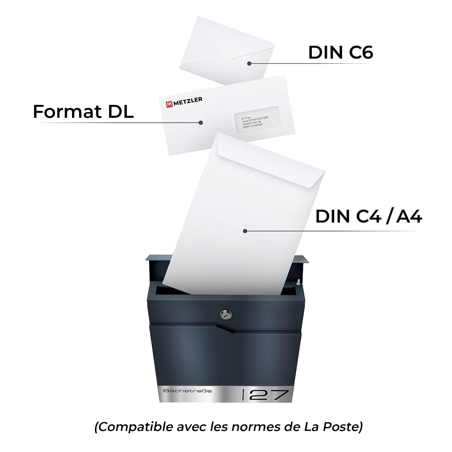 Metzler Boîte aux Lettres Murale avec Porte-nom, Design Moderne avec Compartiment à journaux Anthracite RAL 7016, Personnalisable avec Plaque Nominative en Acier Inoxydable V2A | Modèle Siebert…