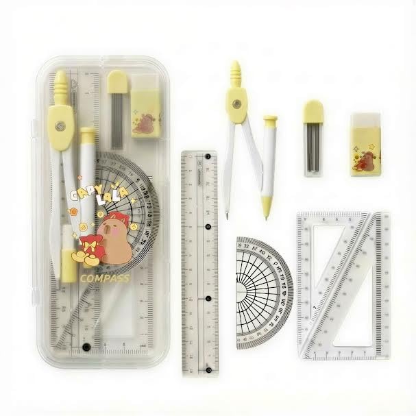 Image of FunBlast Capybara Theme Compass Set - 7 Pcs Transparent Geometry Box with Protector, Set Squares, Ruler, Compasses, Ruler Set, Math Geometry Kit for Student & Professional (Yellow2)