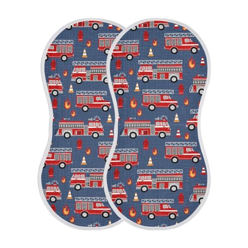 Muslin Burp Cloths for Baby Boys and Girls - 2-Pack Ultra Absorbent Fire Trucks Muslin Washcloths, Newborn Towel, Milk Spit Up Rags, Burp Cloth Bibs for Unisex, 22 x 11 Inch