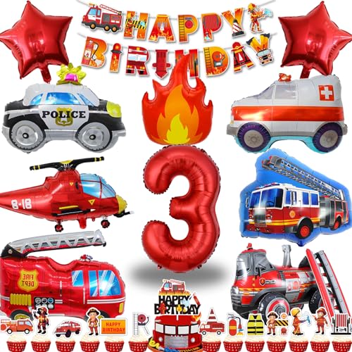 Feuerwehr Kindergeburtstag Deko 3 Jahre Feuerwehrauto Ballons und Banner