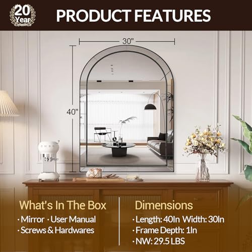Image of MOON MIRROR Arched Mirror for Bathroom, Bathroom Mirrors for Over Sink, 30x40 inch Matte Black Non-Rusting Vanity Mirror in Delicate Tessellated Glass Design