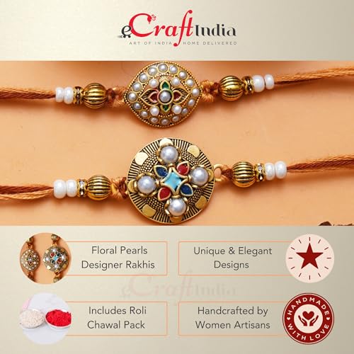 Image of eCraftIndia Set of 2 Green & Golden Shri Krishna and Radha Krishna Playing Flute Designer Religious Rakhis | Roli Chawal Pack | Rakhi for Brother