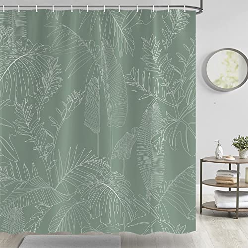 TOMOZ Sage Green Shower Curtain Elegant Tropical Leaves and Flowers Shower Curtain for Bathroom Minimalist Botanical Plant Fabric Bath Curtain with 12 Hooks 69 x 70Inch