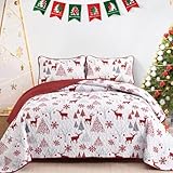 Christmas Quilt Set King Size, Reindeer Snowflakes Bedspread Reversible Red Bedding Set Elks Christmas Trees Quilted Coverlet Set with 2 Pillowcases King(90'x 104')