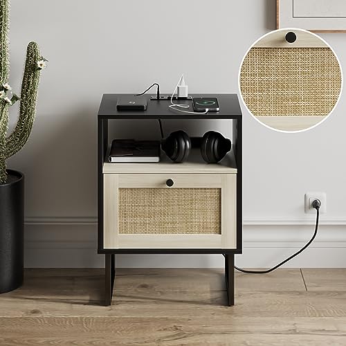Image of Masupu Boho Night Stand, Small Rattan Side Table, Wood Nightstand with Drawer and Charging Station, Bedside Table with White Shelf, End Table for Bedroom,Living Room,Office (Black Mix White)