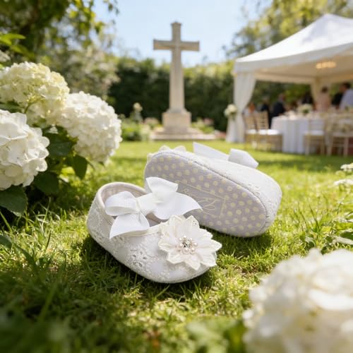 Image of Baby Girls Mary Jane Flats with Bowknot Flowers Princess Wedding Dress Ballet Shoes Non-Slip Toddler First Walkers Newborn Crib Shoes