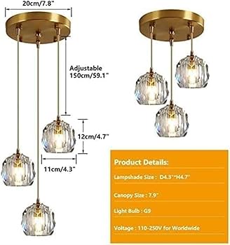 ZTKGB 3 Heads Crystal Pendant Light, Modern Round Chandelier