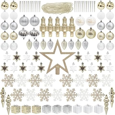 ITART 115pcs Christmas Tree Ornaments Assortment Champagne Silver and White Including Star Tree Topper Balls Large Snowflakes Pine Cone Nutcracker Figurines Beads Garlands for Christmas Tree Decor Cover