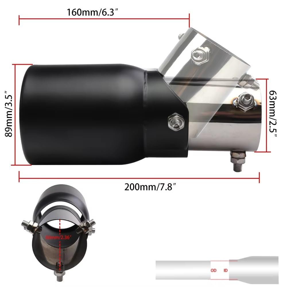 Tubo Escape Trasero Punta De Escape Acero Inoxidable, Ajuste Universal Ajustable 63mm/3,5 "89mm Para Coche, SUV, Tubo Borde Enrollado Único Con Perno Boquilla Escape(Polished Silver)