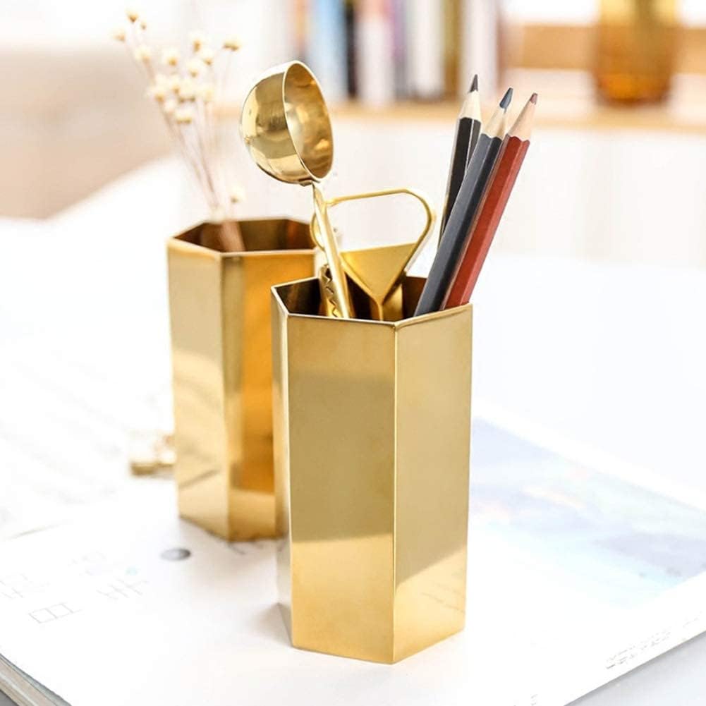 2pcs Pencil Holders, Gold Pencil Holder for Desk Gold Vase Six Sided Pencil Cup Stainless Steel Makeup Brush Storage Container Flower Vase Desktop Organizers